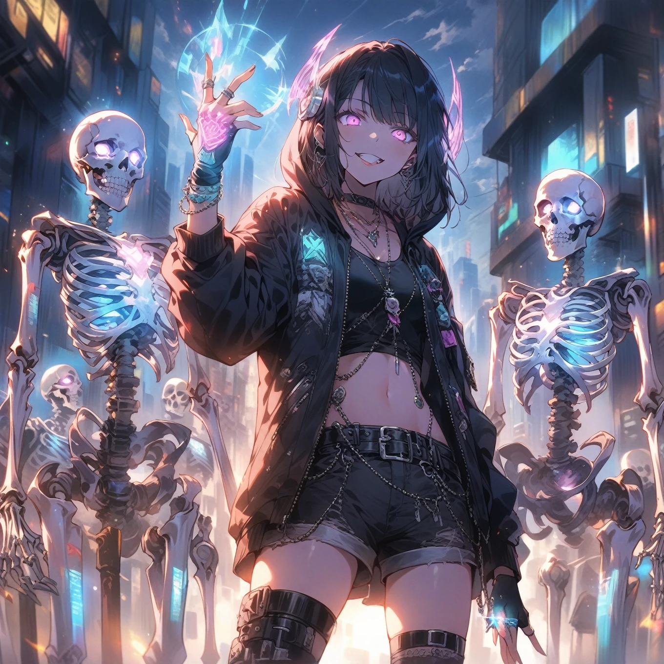 score_9_up, score_9, score_8_up, score_7_up, source_anime,masterpiece, best quality, high resolution, extremely detailed CG, absurdres, highres,In the cyberpunk city, several glowing mechanical skeletons are standing in front of a young girl. The girl, dressed in a punk-inspired outfit with a hooded jacket and neon headphones, raises her tattooed right hand, which is wearing silver jewelry and a silver ring, and glows with a magical light, 1girl, glowing, shorts, hood, navel, jewelry, fingerless gloves, belt, midriff, gloves, glowing eyes, jacket, tattoo, short hair, skeleton, necklace