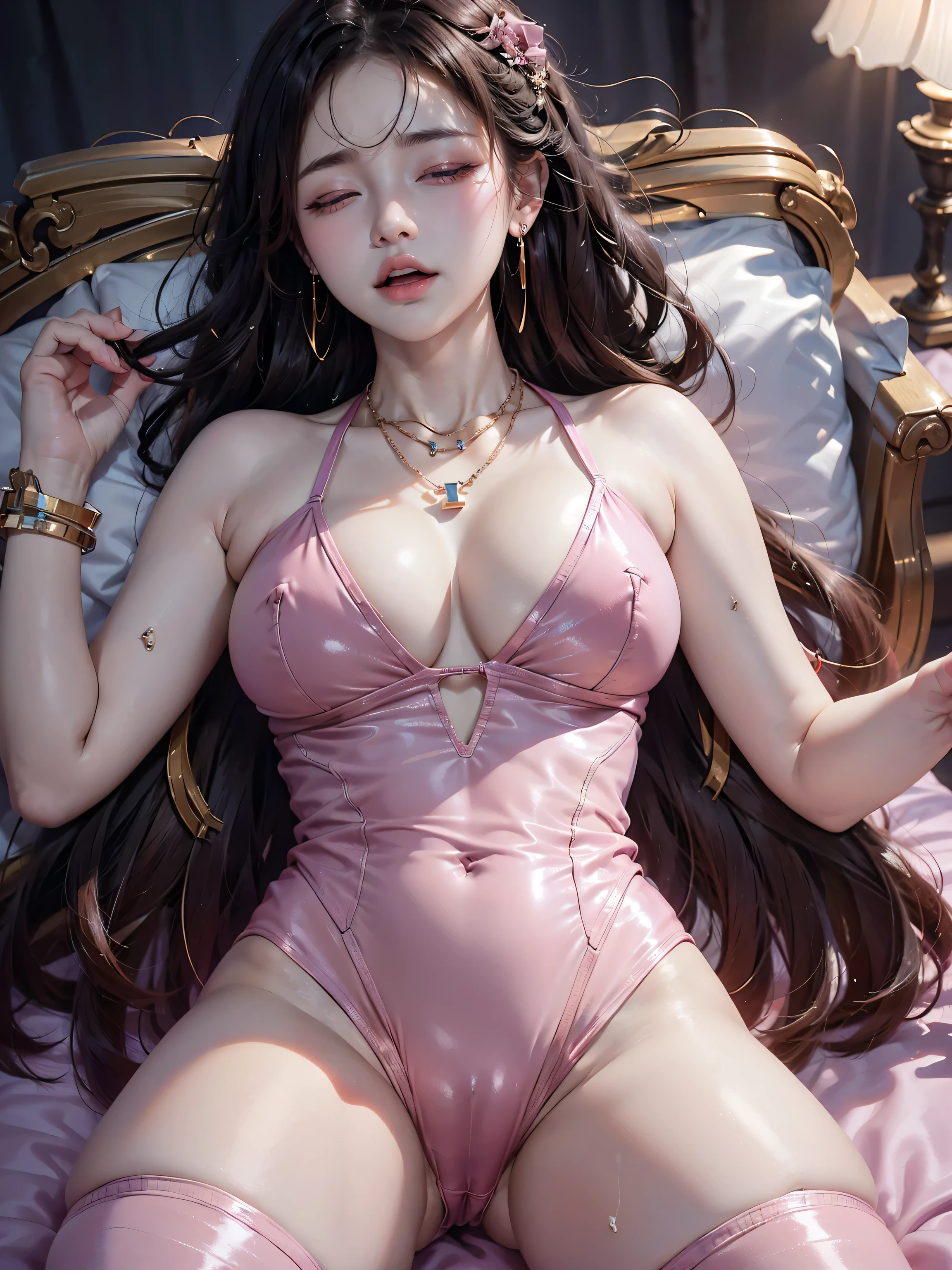 ((16K)),(masterpiece:1.3, Highest quality, Ultra-high resolution, Super detailed), (Realistic, photoRealistic:1.4), Perfect lighting, colorful, Depth of written boundary, Browsing Caution, Surrealism,photo shoot, No makeup, Film Grain, chromatic aberration, Sharp focus, Face Light,((Spread legs:1.4)),((lying, on back:1.5)),Beautiful detailed hair,Beautiful eyelashes, Beautifully detailed face, Beautiful fine details, Beautiful clavicle, Beautiful body, thin脚,Beautiful breasts, Beautiful feet, Beautiful Hands, Cleavage,Pointed Chest, thin, 23 years old,1 person, Perfect Face, Long eyelashes,Perfect Anatomy, Supermodel with a long neck,((Skinny1.3)),looking at the camera,(Perfect Anatomy,Anatomically correct, Highly detailed skin), ((pale skin)),Shiny skin,((beautiful girl:1.1)),(( large breasts:1.4)),(Mid-length hair:1.4, Wavy Hair:1.2, Black Hair) ,See-through bangs, hair over one eye,Dainty facial structure,,((closed eyes:1.4)),((orgasm:1.5)),((open mouth:1.3 )),),((wearing(pink) T-back leotard:1.3)),criss-cross halter,((cameltoe:1.4)),((Earrings)),((necklace:1.2)),((bracelet)),girly room with a sofa, decorated with cute and feminine items, soft pastel colors, and a cozy atmosphere,((Night view:1.1)),from above,