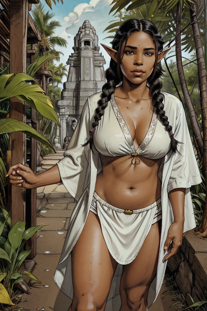 (Latina elf girl, chocolate skin tone, white priestess robe, white short pants, sandals), brutal smirk face, plump lips, (black hair, very long and thick braid), yellow eyes, fitness figure, (detailed portrait, focus face), jungle temple, standing pose