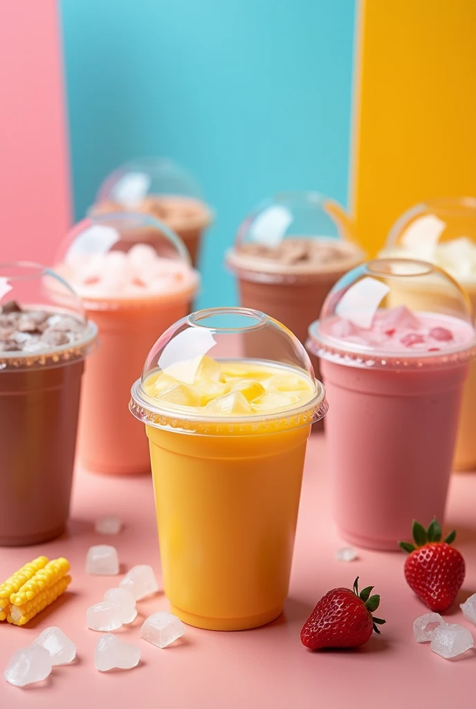 8 plastic transparent cup, size 32 oz, with Dome lid, each cup contain different drink, all drink packed with full of ice
Number 1 drinks :chocolate milk flavour
Number 2 drinks: pinky strawberry milk flavour
Number 3 drinks: vanilla milk flavours
Number 4 drinks: taro purple milk flavours
Number 5 drinks: mocha with milk lavour
Number 6 drinks: coffe latte milk flavour
Number 7 drinks : yellow corn milk flavour
Number 8 drinks: mango milk flavour
HD, realistic, 8k,landsape, landscape mode, background colourful theme, show all drinks clearly