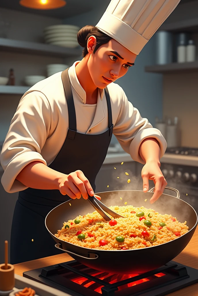 Chef Kai is frying rice.