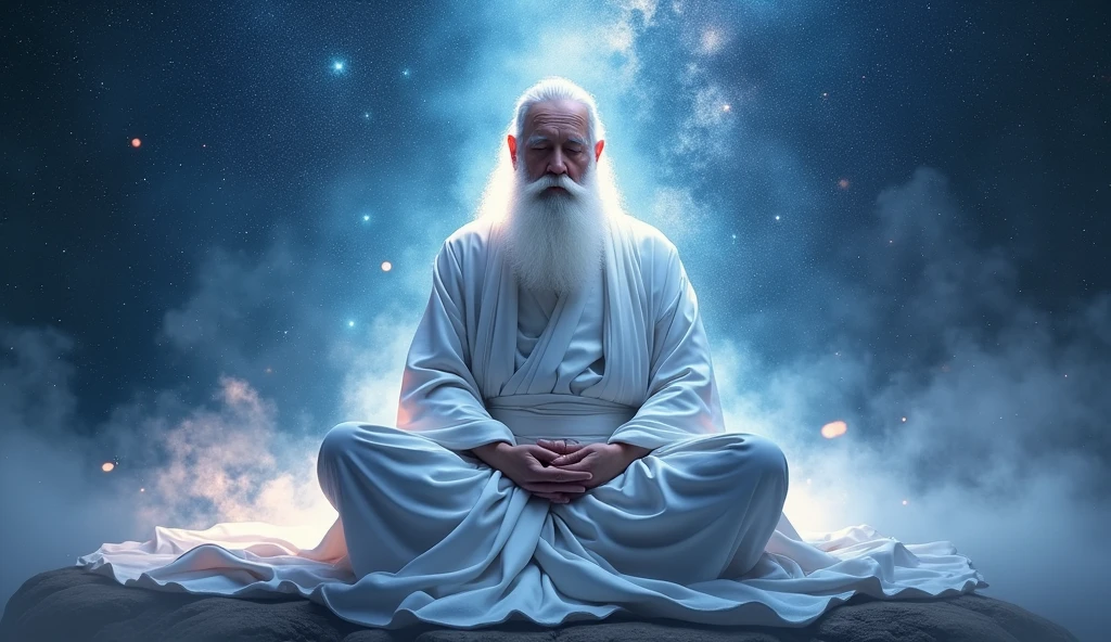 Middle-aged Bonze Elder seated in blue galaxy closeup, no hair, A meditator, With a white beard, Meditation crossed legs, Taoism, Wearing a white robe and white belt, in the center, Facing the lens, Starry sky space, Milky Way, Guru, Taoism,cosmic background,Very Bright Color, Light Grain, with glowing light, Mshiv, art wallpaper, UHD wallpaper