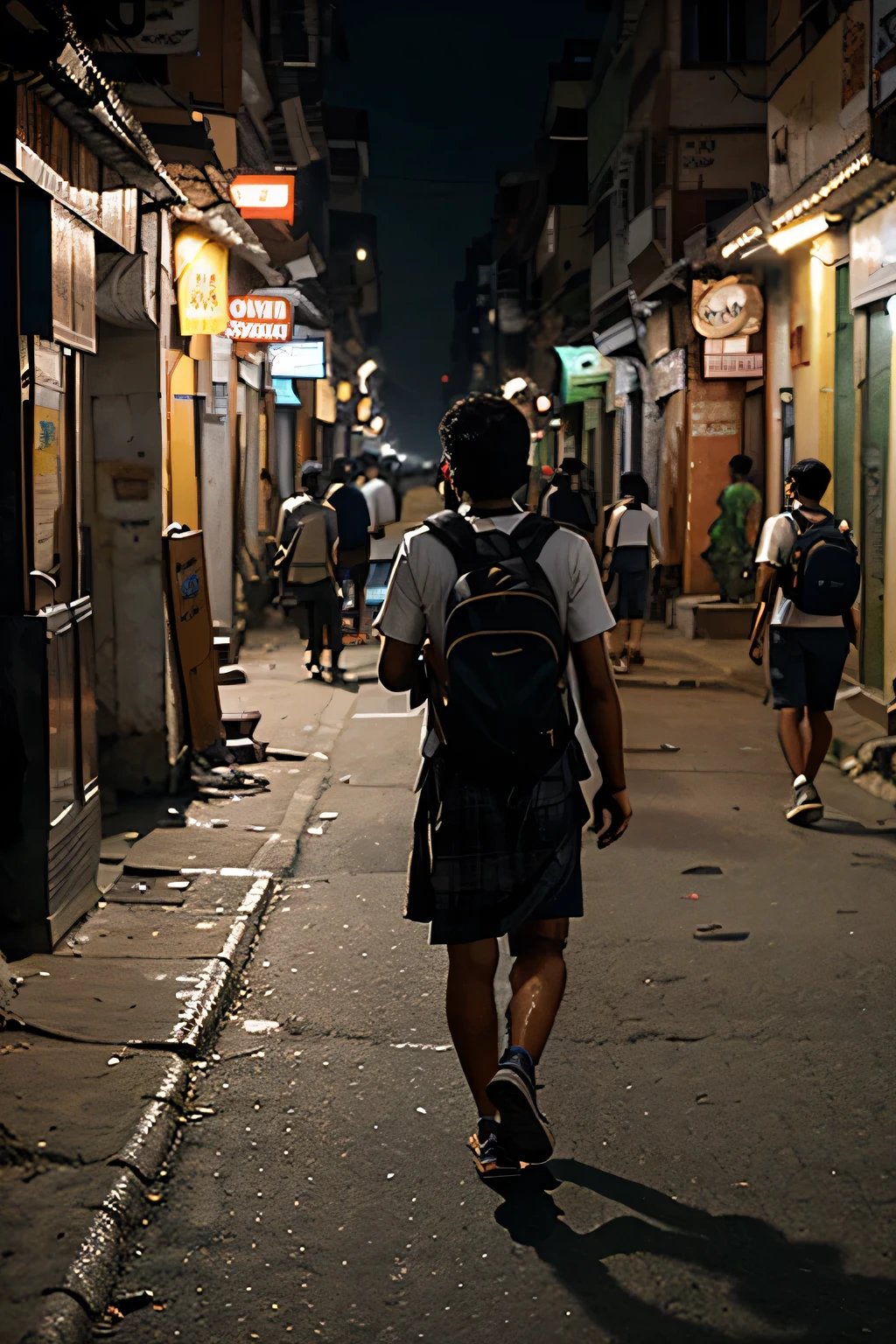 busy street in a typical Indian city at dawn.  a young student with a backpack, walking towards a coaching center. reflecting both determination and exhaustion