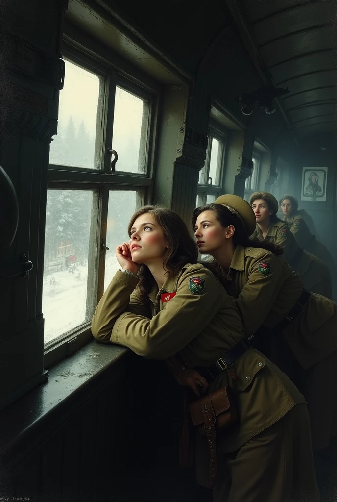 masterpiece, best quality,Soviet female soldiers，Steam locomotive interior，Lie on the window，Looking up，World War II，TRAIN STATION，About to travel，dimly lit scene，Dim Lights，Snow outside the window