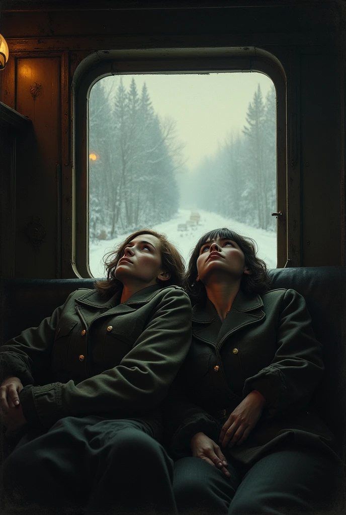 masterpiece, best quality,Soviet female soldiers,Steam locomotive interior,Lie on the window,Looking up,World War II,TRAIN STATION,About to travel,dimly lit scene,Dim Lights,Snow outside the window