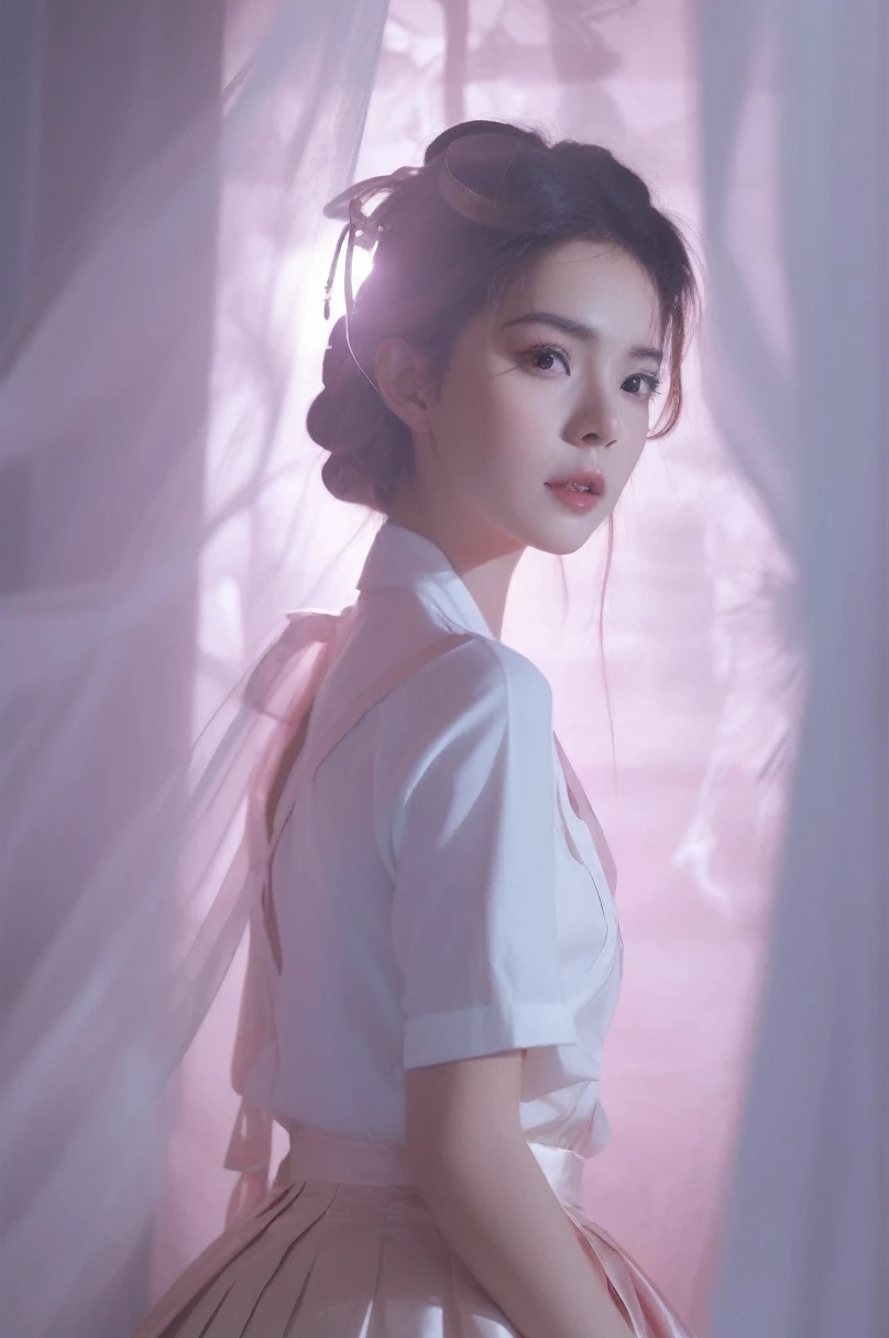 Volumetric lighting, double exposure style, girl wearing satin suspender skirt, Double image ghosting effect, Image combination, double exposure style, light depth, Dramatic mood lighting, Volumetric lighting
