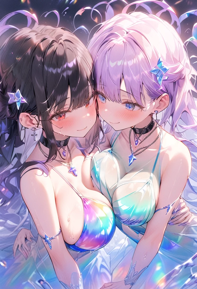 (high detail, high quality, best picture quality, masterpiece) from above at a long distance in a rule of thirds composition Two cute Girls ((Night sea)) glass texture、 Gradient translucent glass melt ((The girl on the right is short and has a medium bust/Blue eyes/brown ponytail)) ((The girl on the left is tall and has a large bust/Red eyes/purple hair/Princess Cut, long hair)) (Facing each other and holding hands) (Place your other hand around the other persons waist) (White or floral bikini) shiny glossy iridescent clothes shiny glossy latex gradient iridescent bikini shiny reflective bikini (((Close Face))) ((Face to Face)) ((Kissing Soon)) Gazing at each other On the brink of kissing Embarrassed expression Blushing Half-Closed Eyes Wet body (Choker or pendant) (Earrings or pierced earrings) Alternating Breast Size Bouncing Breasts Dangling Breasts Astonishing,light,lens_Flare,soft gradient bad fingers bad hands missing fingers