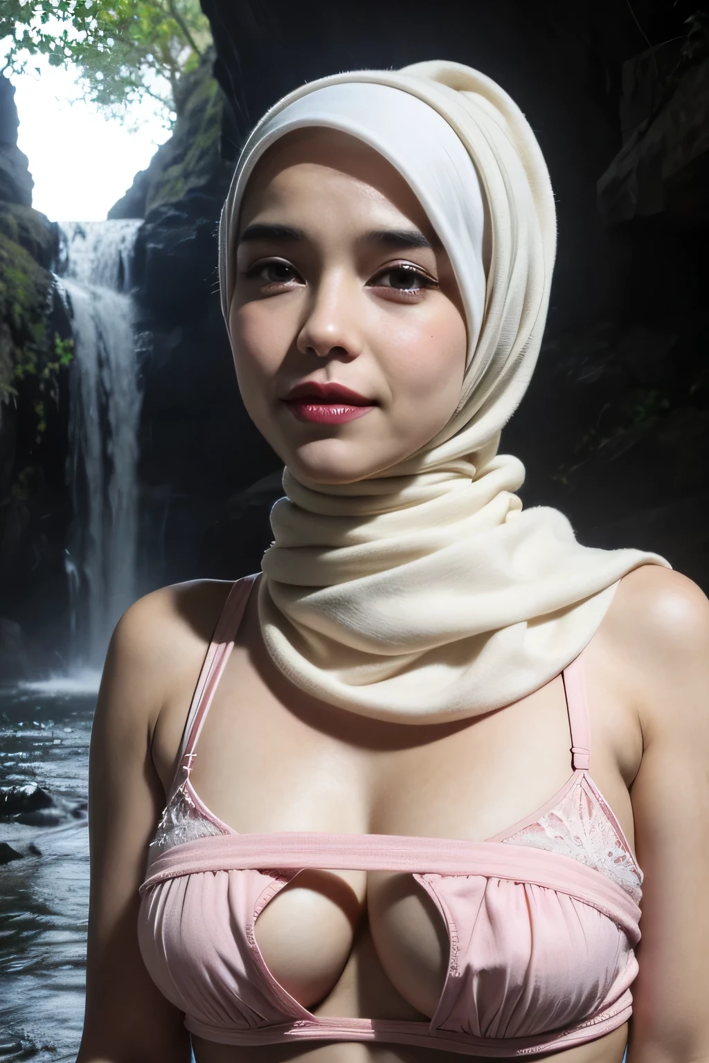 ((5x-UltraSharp)), ((WHITE HIJAB)), close-up portrait of a beautiful woman ponytail hair styler, bathing in a jungle waterfall, wearing red lingerie top and bottom bikini, tight, pear body shaped, heavy big breast, showing large cleavage, reeds, (backlight), realistic, masterpiece, high quality, lens reflection, shadow, flower, [[chromatic aberration]], by Jeremy Lipking, by Antonio J. Manzanedo, digital painting,