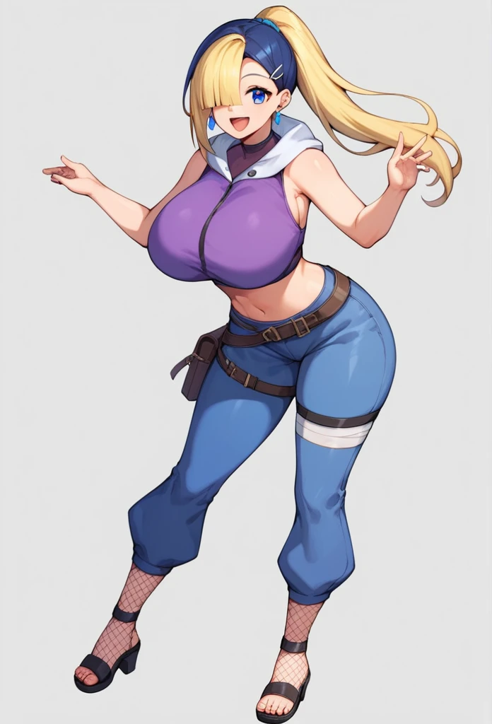 score_9, score_8_up, score_7_up,score_6_up, score_5_up, score_4_up, ((Split hair)), ((blonde hair)), ((dark blue hair)), heterochromia, blue eyes and white eyes 1girl, solo, huge breasts, Hinata Hyuga,long hair,blunt bangs,dark blue hair blonde hair, light eyes,forehead protector,konohagakure symbol,purple and white hooded jacket,fishnets,blue pants,holster,bandage on thigh,open sandals, yamanaka ino, hair over one eye, ponytail, hairclip, blue eyes, purple crop top, sleeveless, purple skirt, fishnets, earrings, happy, cowboy shot, simple background