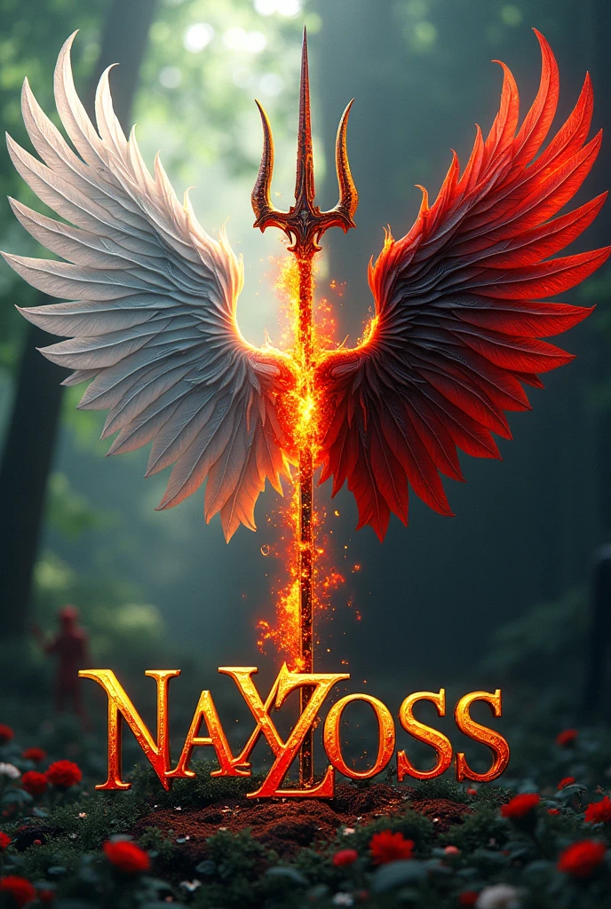 There is a white fantasy title "NAXZOSS" written on a half cutted white wing of a fairy and half cutted wing of a devil. The wings are covered with blood and fire. The background is half fairy land where fairies & some flowers and half background is devil land where devils & skeletons. A half cutted trident and half cutted gun used in the title. A realistic, 3D, aesthetic, and fantasy poster.