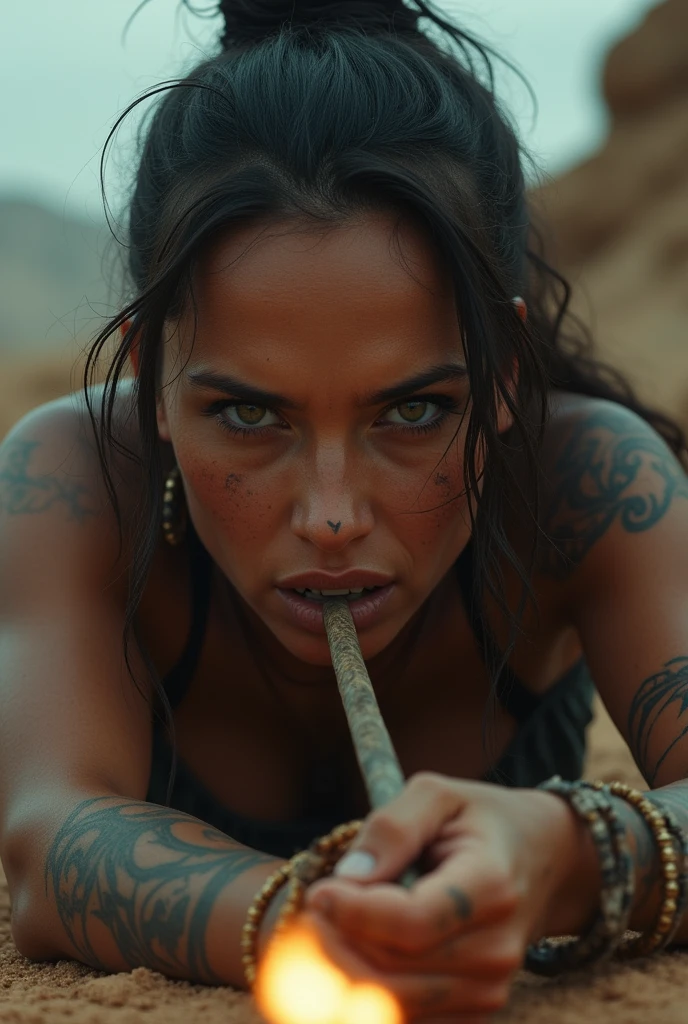 ((( masterpiece ))), (((Highest quality))), ((Very detailed)), (photograph), ((Very delicate and beautiful )), High resolution, One dirty-face Amazon warrior woman, Age 45, laying on the groundwith a blowpipe in her mouth, ready to blow. Swollen and tattooed cheeks. Aiming to a target out of the frame. front POV (Detailed eyes), (Detailed facial features), (Detailed Weapons), (Detailed fingers), (Leg details), (Eyes visible through hair), ((Drunk Eyes)), (Embarrassing :1.2), (Toothless smile), (((Fuller lips))), (Desert Scene), (Upper Body), Colonial beige coat, ((Dim Light)), ((Film Grain)), ((Single-lens reflex camera)), ((35mm lens focal length)). 

Cinematic lights. Masterpiece, best quality, 8K, photo realistic, wallpaper, wallpaper 8k, photographic contest winner, Hyperrealistic art cinematic film still photography in the style of detailed hyperrealism photoshoot. [Entire scene is surrounded by lights, evoking a magical and eerie atmosphere. The lighting is bright and atmospheric, with smoke adding a touch of sinister ambiance. Best quality image, HDR enhancement, showcasing the utmost level of detail and realism]. [8K, Best Quality, Ultra High Resolution, (highly detailed CG unity 8k wallpaper), (best photo), (best shadows), isometric 3D, octane rendering, ray tracing, highly detailed, (Best quality, 4K, 8k:1.2), absurdity, ultra detailed, (realistic, photorealistic, photorealistic:1.37), complex parts, HDR, (complex parts:1.12), (hyper detailed, hyper realistic, Soft lighting, spicy:1.2), (complex parts, Hyper detailed:1.15). Blurred foreground. (backlit), masterpiece, high quality, brightness, chromatic aberration, foggy smoke, shadows, contrast, clear sky, (warm hue, warm tone), high details, natural reflections].