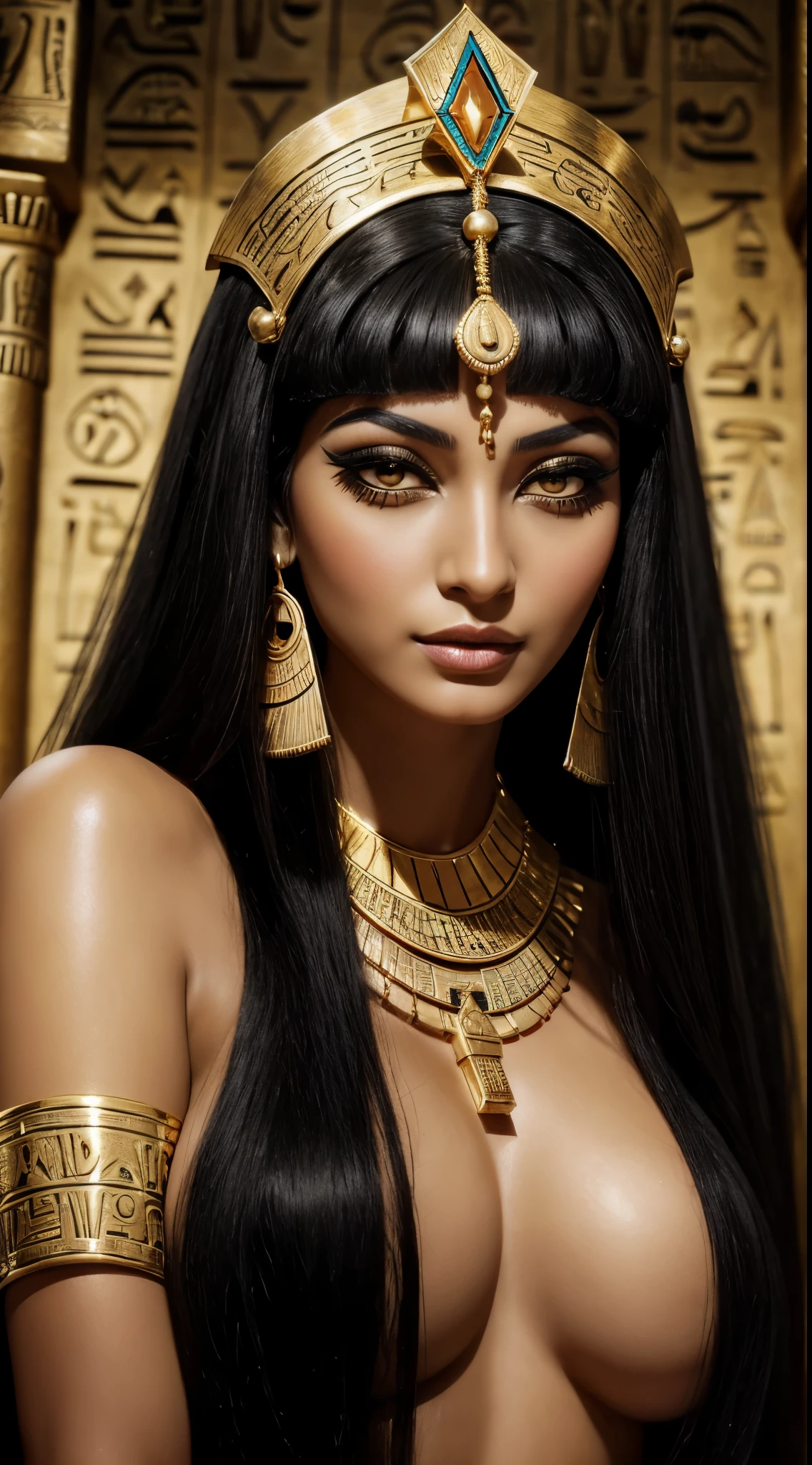 a woman with a black hair and gold jewelry on her head, egyptian makeup, egypt makeup, beautiful cleopatra, egyptian, egyptian princess, cleopatra portrait, by Hedi Xandt, cleopatra, wearing an egyptian crown, egyptian style, arab inspired, queen of snakes, wears a egyptian ankh necklace, ancient egyptian, traditional makeup, inspired by Hedi Xandt