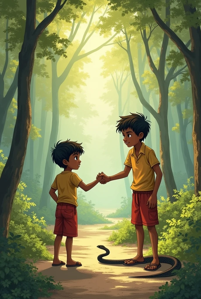 
1. **Character Reflection:** 
   - Describe the qualities of Ramu that made him a true friend. How did his actions reflect his character? 
   - Imagine you are Shyamu. Write a diary entry describing how you felt during and after the incident with the snake.
