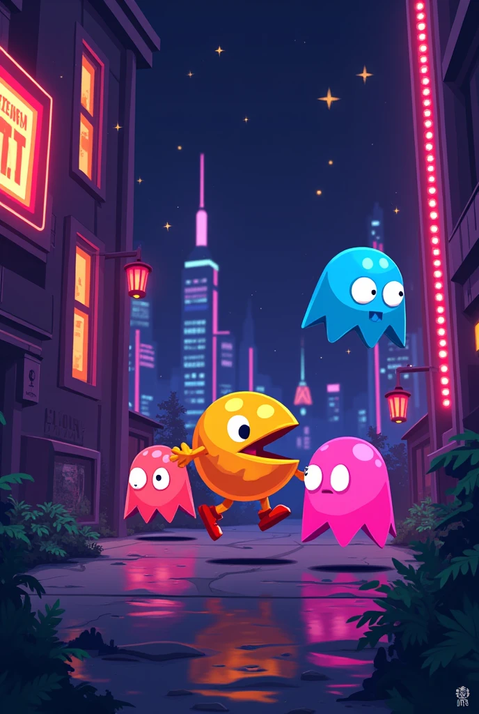 Pacman Ghosts running away in neon way 2D without many details not to much details and in 8 bit