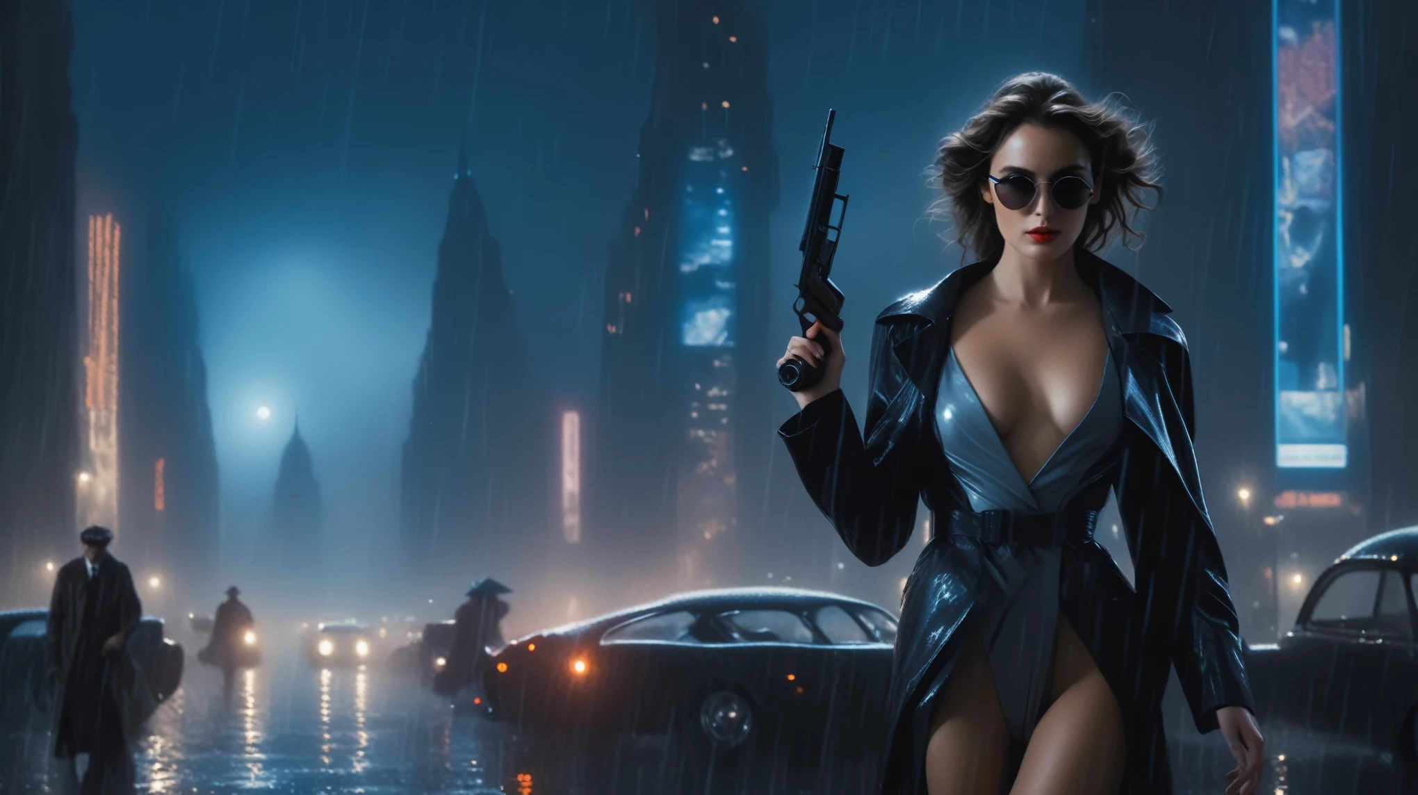 (Hyper-realistic photograph:1.4), Captivating scene under the rain at night on a rooftop, year 1937 cars on street, flying cars, a sexy slim woman, large breast cleavage, with short brown hair, three-quarters view, Black trench coat, (black sunglasses, holding a short gun), with a dark rainy city landscape in background, blue eyes, photography style, (half-body shot:1.3), (contemplative expression:1.2),(well-lit:1.2) Extremely Realistic, serendipity art, (sharp focus:1.3), intricate details, highly detailed, by God himself, original shot, masterpiece, detailed and intricate, Movie Still, guttojugg1