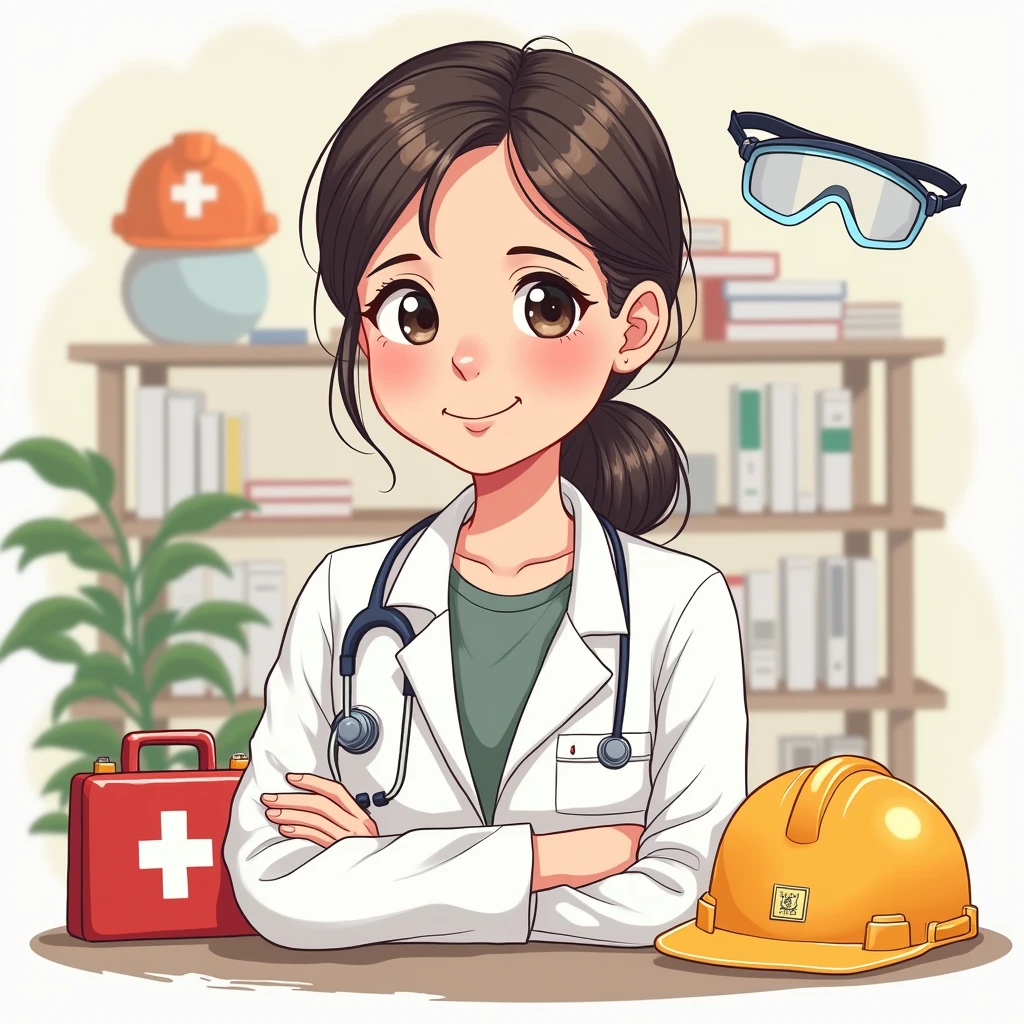 female psychologist from the private university of the north animated tender, let it be a drawing, with occupational health and safety theme with helmet and safety items