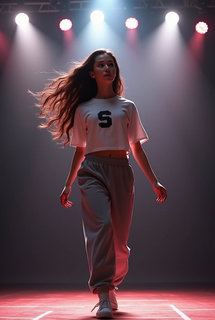 a woman wearing tshirt and sweat pant, long hair, giving dance audition, number logo on tshirt, on stage in bright light