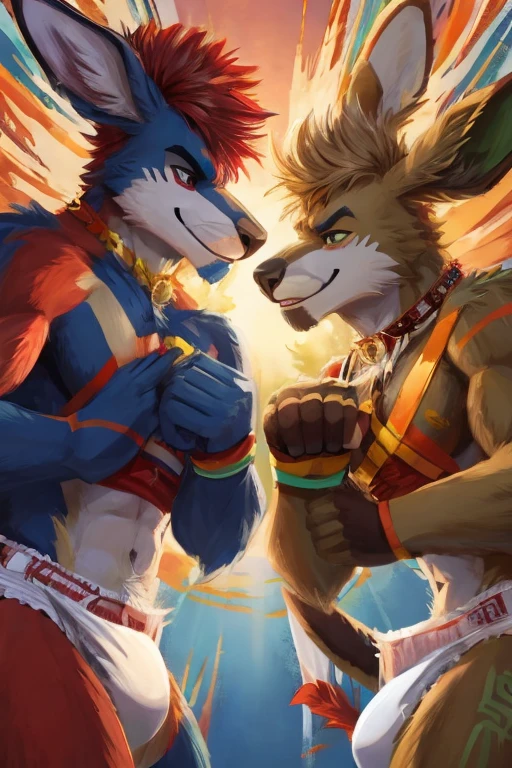 2 adult kangaroos wearing thick diapers sparring