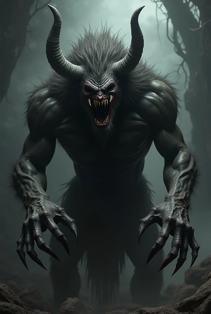 A being with the face of a villain, A humanoid demon, with big hair and horns, sharp teeth, and hand with sharp nails (inspired by Ryomen Sukuna)