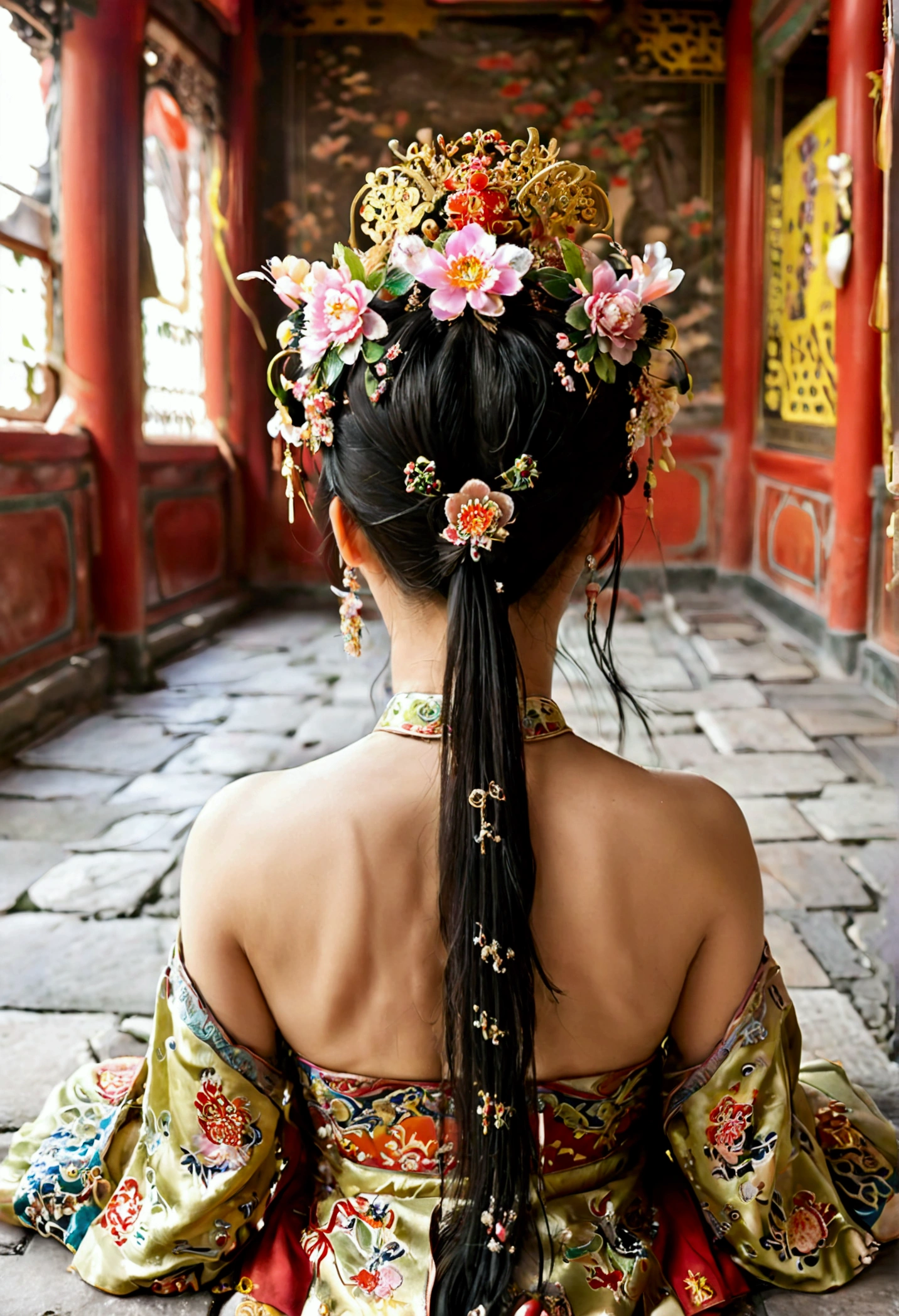 A woman seen from the front, bent over on the ground facing forward, legs spread apart, busty and naked, wearing a crown and showing her thighs and feet from below, in the Chinese imperial court of the Qing dynasty.。She is completely naked, showing off her gorgeous large flowers and hairpins, her hair tied up and pulled up, and the background is the stone paving of the Chinese palace of the Qing Dynasty.