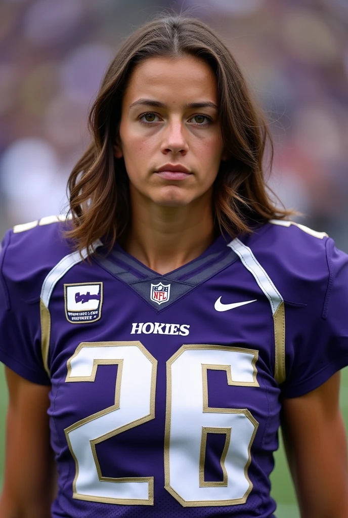 A photo of Ashley Collins, a quarterback for the female Washington Huskies football team. Number 26. Brunette