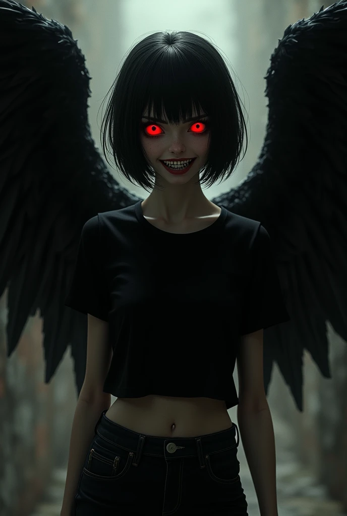 create a girl with short black hair, completely red eyes, the white of the eye is red, dressed in a black top and jeans, with big black wings, with a crazy smile