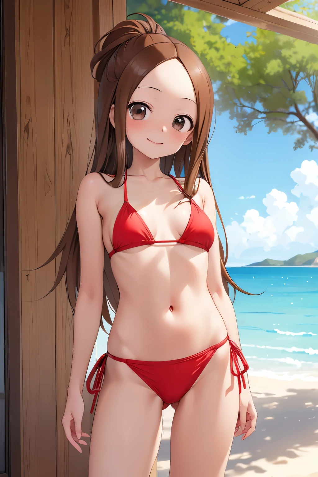 (ultra detailed)(master quality)(RAW Photos))(8K)(Realistic, photo Realistic:1.2)(ultra detailed anime)(anime style) ((Highest quality)),(Takagi-san)(Ms. Takagi who is good at teasing)(Sandy beach On the sand)(Micro Bikini)(gravure)(close shot)(ultra detailed eyes)(Perfect Anatomy)(Real human skin)(red bikini)