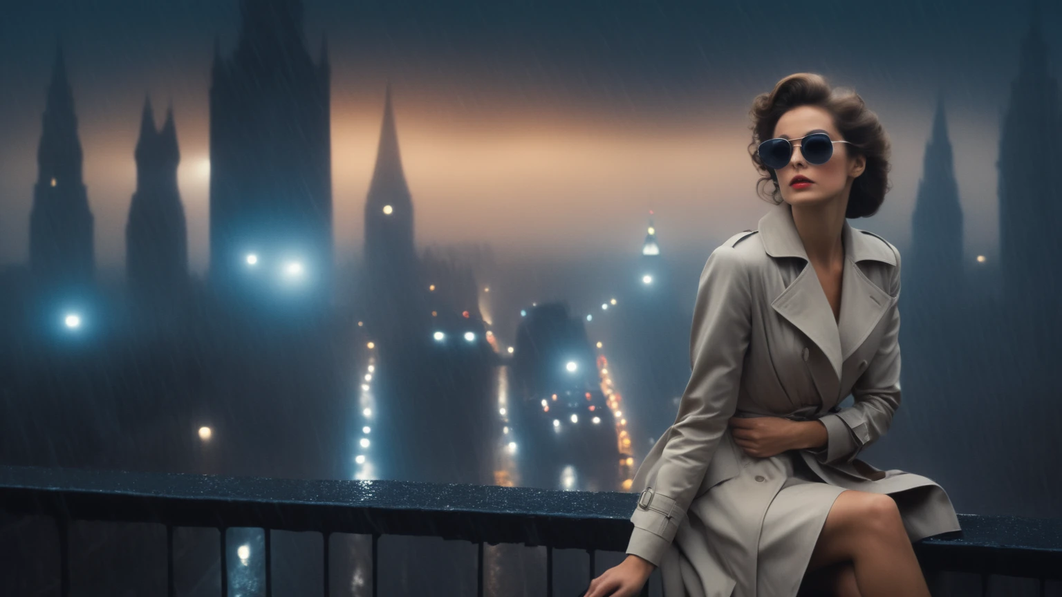 (Hyper-realistic photograph:1.4), Captivating scene under the rain at night on a rooftop, year 1937 cars on street, flying cars, a sexy slim woman, large breast cleavage, with short brown hair, three-quarters view, Black trench coat, (black sunglasses, holding a short gun), with a dark rainy city landscape in background, blue eyes, photography style, (half-body shot:1.3), (contemplative expression:1.2),(well-lit:1.2) Extremely Realistic, serendipity art, (sharp focus:1.3), intricate details, highly detailed, by God himself, original shot, masterpiece, detailed and intricate, Movie Still, guttojugg1