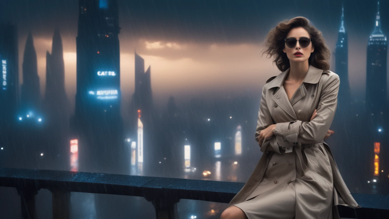 (Hyper-realistic photograph:1.4), Captivating scene under the rain at night on a rooftop, year 1937 cars on street, flying cars, a sexy slim woman, large breast cleavage, with short brown hair, three-quarters view, Black trench coat, (black sunglasses, holding a short gun), with a dark rainy city landscape in background, blue eyes, photography style, (half-body shot:1.3), (contemplative expression:1.2),(well-lit:1.2) Extremely Realistic, serendipity art, (sharp focus:1.3), intricate details, highly detailed, by God himself, original shot, masterpiece, detailed and intricate, Movie Still, guttojugg1