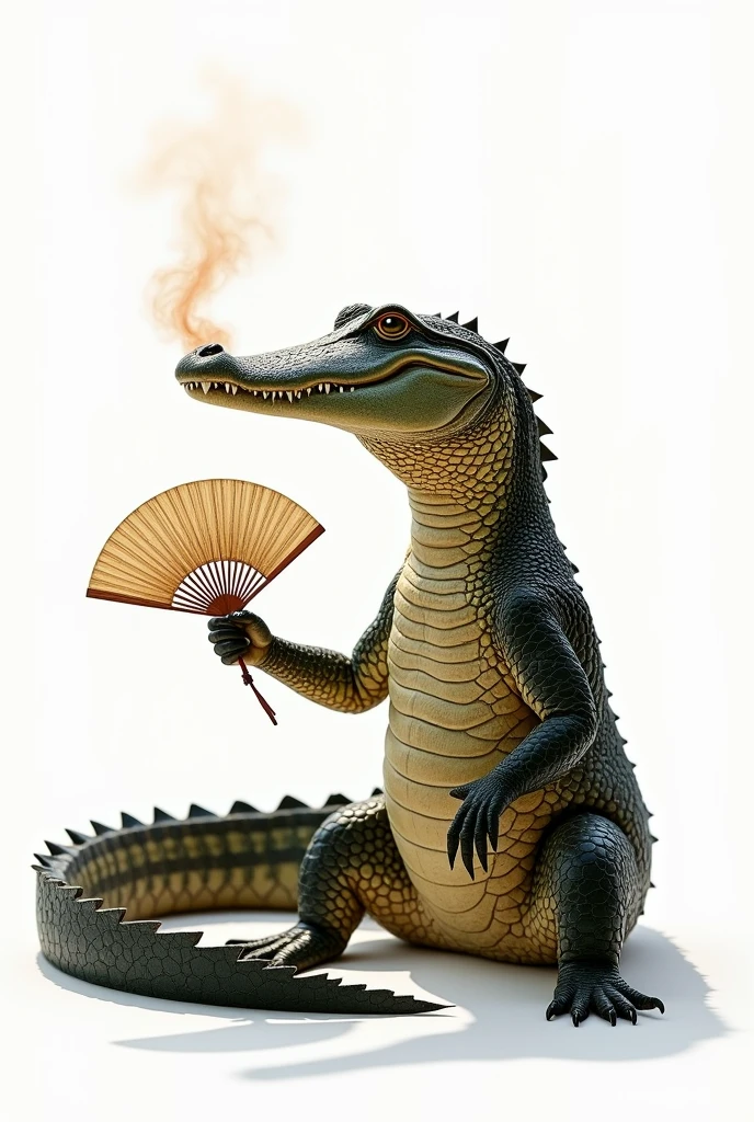 An alligator fanning itself with a fan on a white background