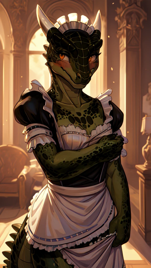 anime, hdr, soft light, ((best quality)), ((masterpiece)), (detailed), lustyargonian, maid, colored skin, green skin, maid headdress, tail, horns, (scales:1.2), (snout, animal nose:1.1), blush, embarrassed, (looking at viewer:1.1), cowboy shot,  (sexy undressing pose:1.5), mansion, (nsfw:0.35)