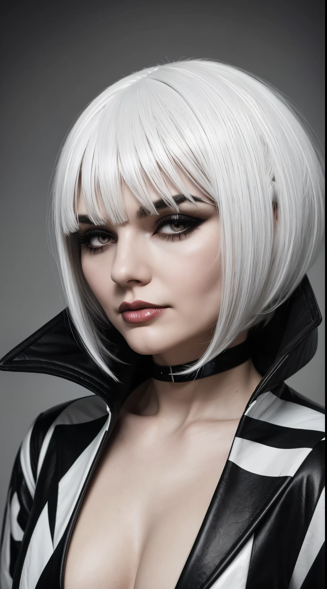 arafed woman with white hair and black and white wig, a photo inspired by Edo Murtić, tumblr, pop surrealism, black hair and white bangs, black and white hair, whitebangsblackhair, white highlights in hair, cruella devil, white hair color, with short bobbed white hair, hair whitebangs hair, white bangs