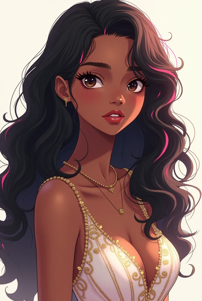 Black  girl; with a black, curly, long hair with pink and gold accents; wearing a white dress with gold designs; anime style --auto --s2