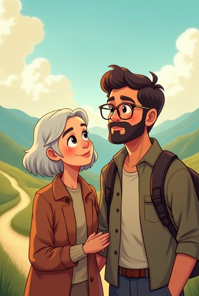 Mother with white hair brunette cartoon with her adult son with glasses and beard embarking on a journey