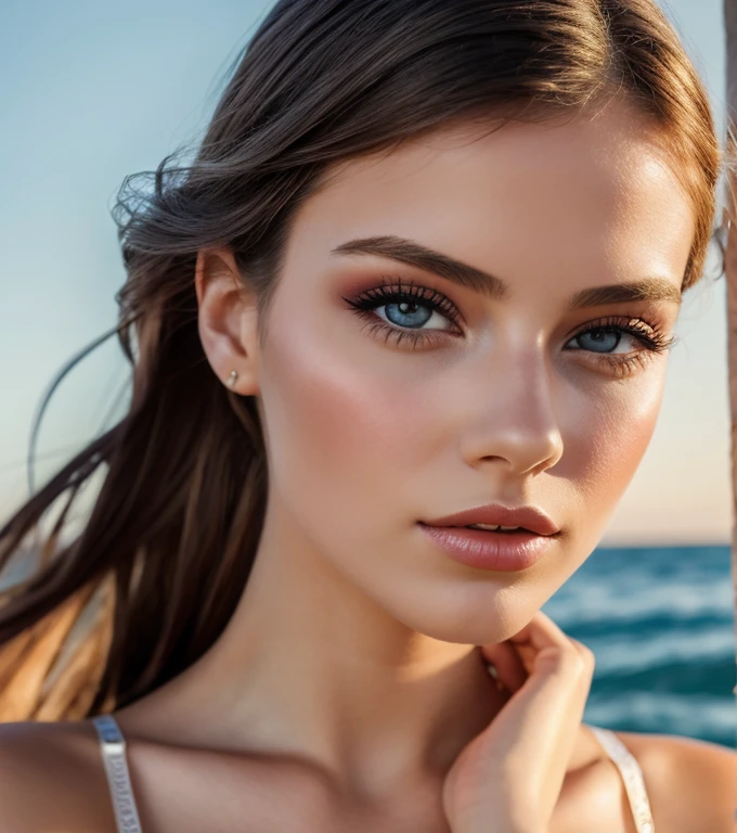 ((((((European girl, 16 years)))))), (((in a steel bra))), on the seashore, (((((deep neckline))))), beautiful female figure, ((((full body shot from head to toe)))), ((very long hair fluttering in the wind)), very erotic pose, thin waist, high facial detail, photorealistic, 32K, 16K, cinematic lighting, sexy angle, Beautiful bright eyes, plump sexy lips, beautiful holiday hairstyle, Beautiful cosmetics, Jewelry, Sharp Focus, complex parts, bright colors, warm color palette, super detailed photography, soft light, high-fashion, Glamour, 