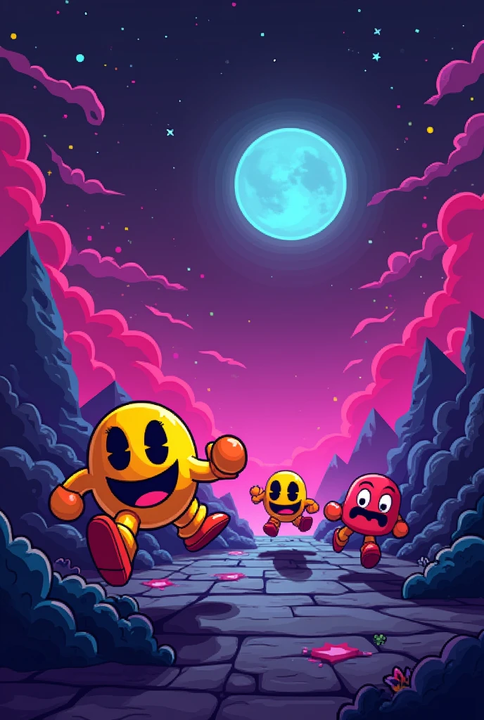 Pacman Ghosts running away in neon way 2D without many details not to much details and in 8 bit