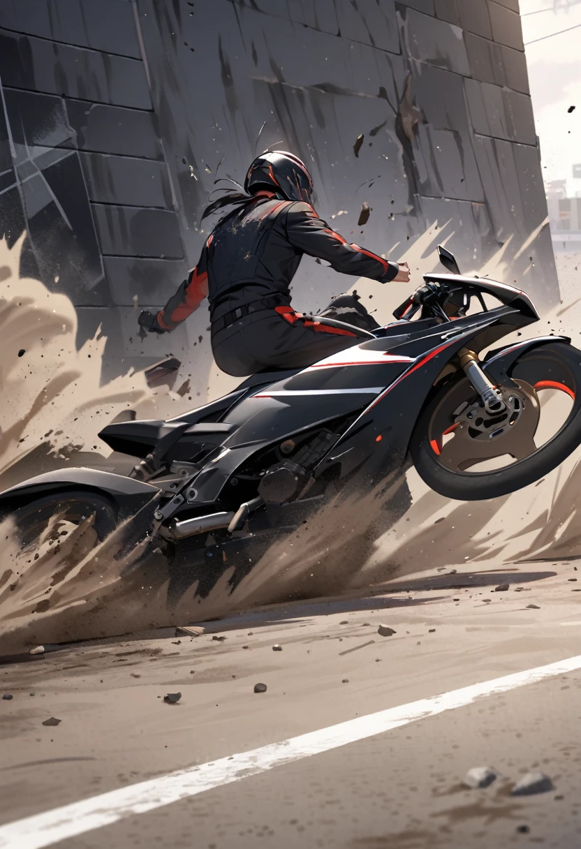 Male black racer, fell off the motorcycle, blood, dust, black helmet, crashed, black clothes, race wall, crashed into a wall, asphalt