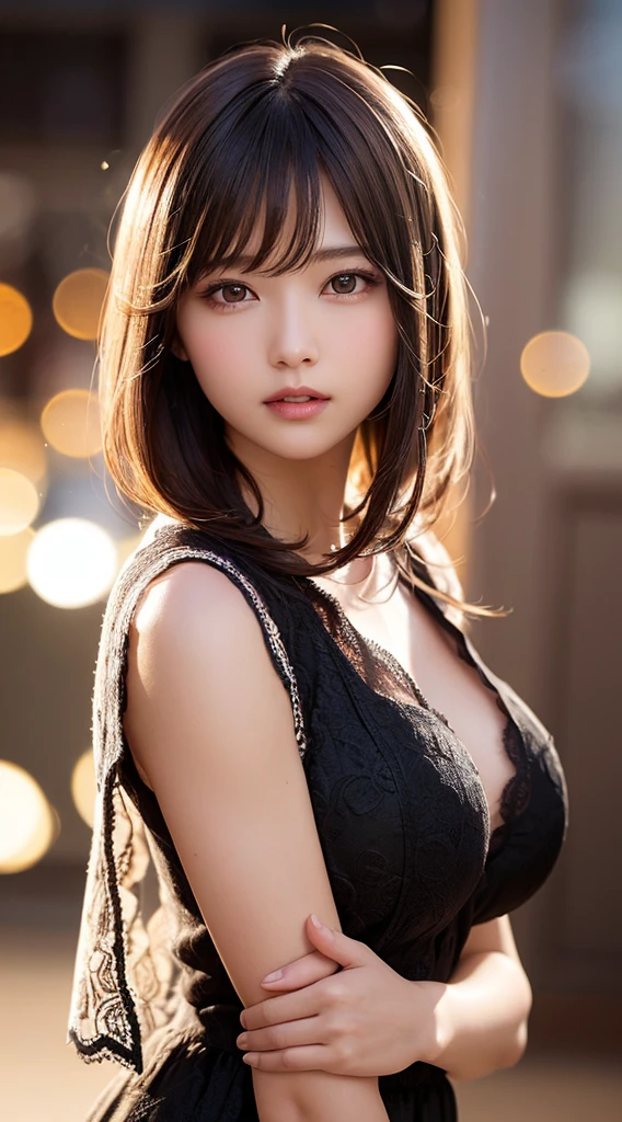 1girl in, (Best Quality:1.4), (Ultra-detailed), (Detailed light), (extremely detailed beautiful face), Amazing face and eyes, Brown hair, Brown eyes, Beautiful sheer lace details, Beautiful breasts, , Best Quality, extremely detailed CG unified 8k wallpaper, High-definition raw color photos, professional photograpy, Dynamic lighting, (((Bokeh))), depth of fields,