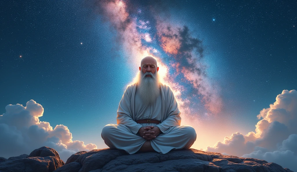 Middle-aged Bonze Elder seated in blue galaxy closeup, no hair, A meditator, With a white beard, Meditation crossed legs, Taoism, Wearing a white robe and white belt, in the center, Facing the lens, Starry sky space, Milky Way, Guru, Taoism,cosmic background,Very Bright Color, Light Grain, with glowing light, Mshiv, art wallpaper, UHD wallpaper