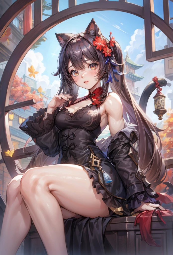 ,,1 ( girl), hu tao (genshin impact),****ta fashion dress,cat girl, thick thighs,disheveled hair, (muscular female,), (alternate muscle size),biceps  ,,ripped muscle , hyper muscle ,muscular thighs,