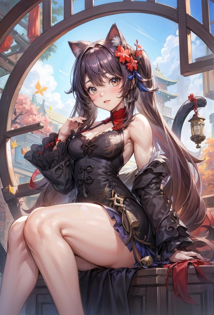 ,,1 ( girl), hu tao (genshin impact),****ta fashion dress,cat girl, thick thighs,disheveled hair, (muscular female,), (alternate muscle size),biceps  ,,ripped muscle , hyper muscle ,muscular thighs,