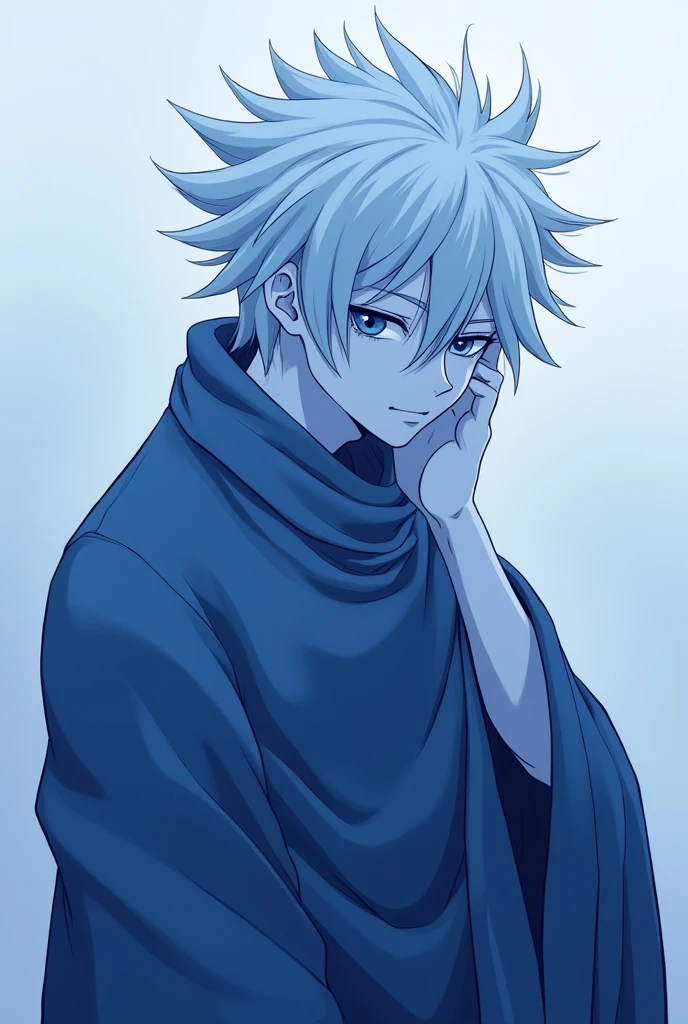 gojo satoru from jujutsu kaisen drawing with only the shade of color blue for the artwork no other colors, with a calm unique divine pose showcasing and emphasizing his eyes. one of his hand on his eye(six eyes) (male white hair)