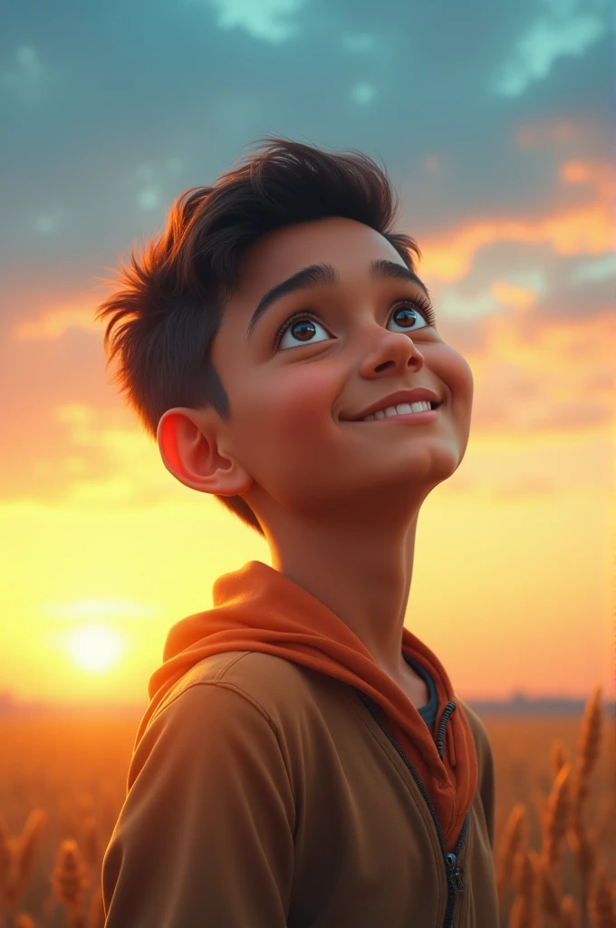 A bangladeshi boy full of hope with a background of sunrise on blue sky