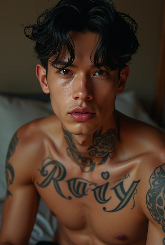 Young Handsome AI high quality realistic tattooed name “Ruy” small on muscular neck white skin tanned piercing gaze pink mouth with music bedroom background 