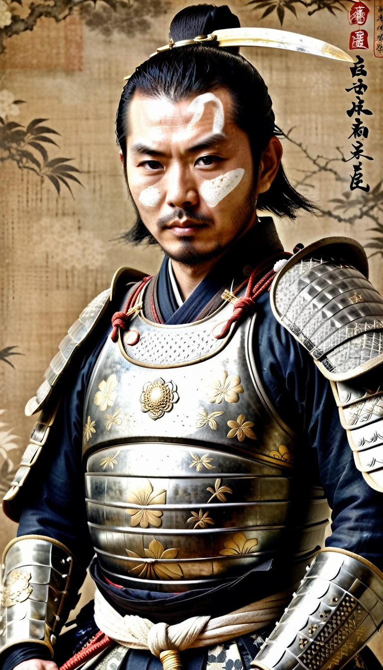 "A historical Japanese figure, Toyotomi Hideyoshi, in traditional samurai armor, depicted in an old, faded portrait style. The background features a subtle Japanese pattern, symbolizing his noble status."