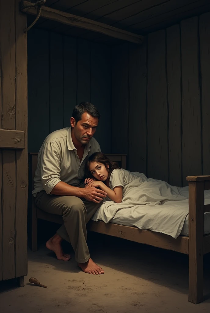 ."Scene 2: His little daughter is sick. Image description: "Inside a humble hut, a appears lying on a simple wooden bed, her face pale and looking sick.. Her poor father sits beside her, holding her hand and looking very worried.. The lighting is dim, giving the scene a sense of sadness and worry.."