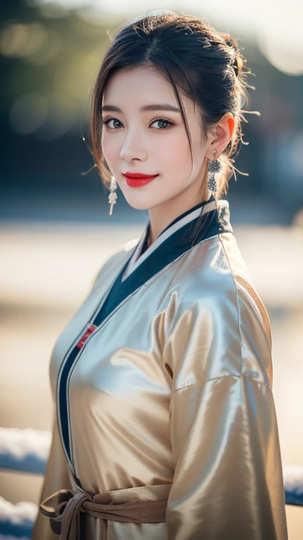 (1 girl, youthful gorgeous Lady, brown_eyes, brown_hair, cross_earrings, earrings, jewellery, Ancient China, Traditional Hanfu, White Hanfu, Hanfu, natural pose in a snowy night,
Detailed Beautiful face, Detailed Facial Features, beautiful eyes, dimples, Kind smile, Red lips, short hair, bob hair, cute ponytail, extremely detailed eyes, extremely detailed face, beautiful detailed lips, long eyelashes, arms close together, ears out, golden ratio face, golden ratio body, perfect body anatomy, huge breasts, big breasts,
(SNOW:1.3),
Night outdoors, snow flakes, snow, winter,
(best quality, 4K, 8k, highres, masterpiece:1.2), ultra-detailed, (realistic, photorealistic, photo-realistic:1.37), HDR, UHD, sun light, ultra-fine painting, sharp focus, physically-based rendering, extreme detail description, professional, vivid colors, award-winning, bokeh, cowboy_shot, SFW, Safe for Work)