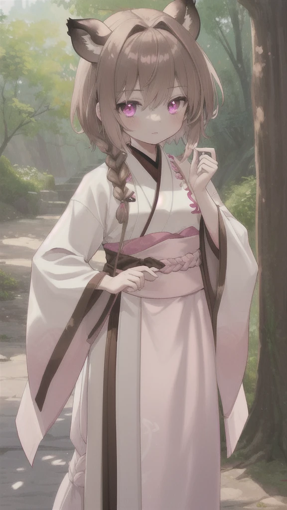 wild boar,Short brown hair,white braid,Pink eyes,brown hanfu,white fluff,Thin