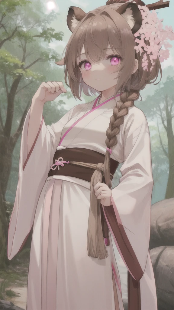 wild boar,Short brown hair,white braid,Pink eyes,brown hanfu,white fluff,Thin
