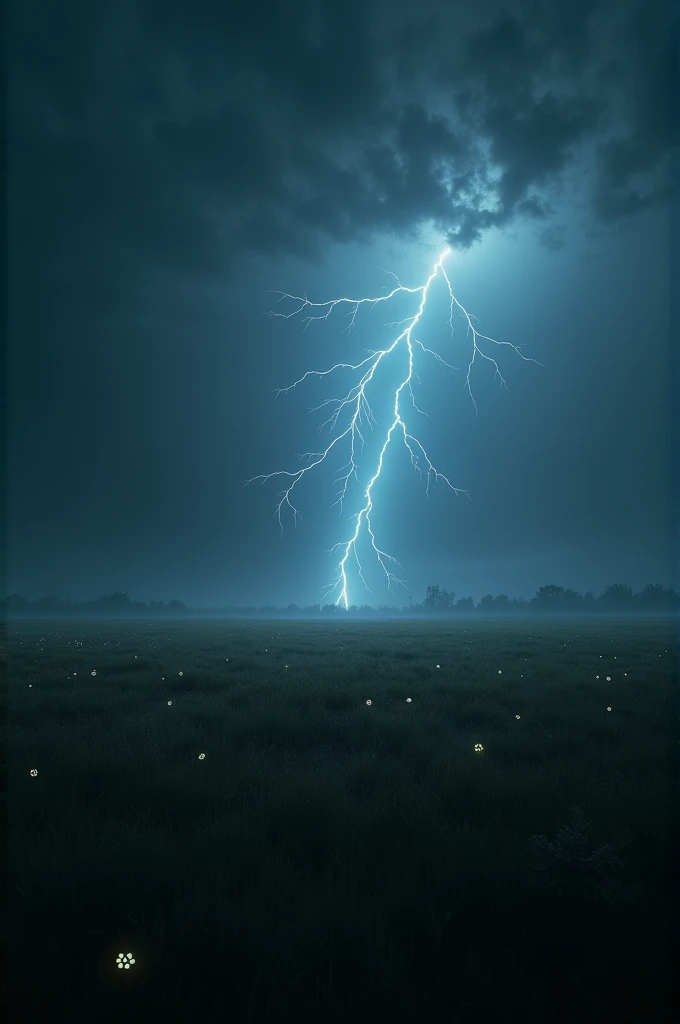 "A dark open field with a few glowing fireflies scattered around. The sky has flashes of lightning, creating a terrifying atmosphere. The image should be horizontal."